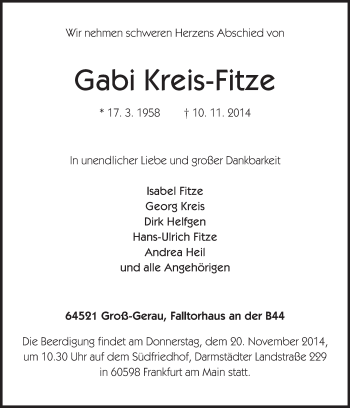 Traueranzeige von Gabi Kreis-Fitze von Rüsselsheimer Echo, Groß-Gerauer-Echo, Ried Echo