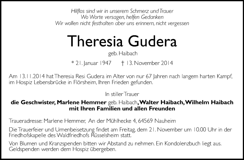 Traueranzeige für Theresia Gudera vom 15.11.2014 aus Rüsselsheimer Echo, Groß-Gerauer-Echo, Ried Echo