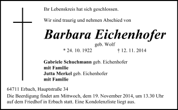 Traueranzeige von Barbara Eichenhofer von Odenwälder Echo