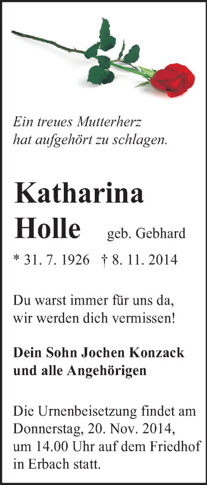  Traueranzeige für Katharina Holle vom 15.11.2014 aus Odenwälder Echo