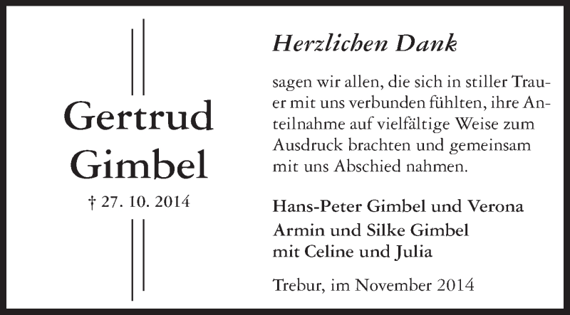  Traueranzeige für Gertrud Gimbel vom 15.11.2014 aus Rüsselsheimer Echo, Groß-Gerauer-Echo, Ried Echo