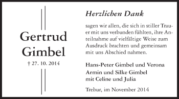 Traueranzeige von Gertrud Gimbel von Rüsselsheimer Echo, Groß-Gerauer-Echo, Ried Echo