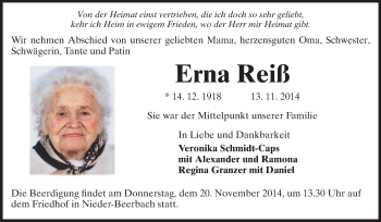 Traueranzeige von Erna Reiß von Echo-Zeitungen (Gesamtausgabe)