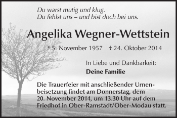 Traueranzeige von Angelika Wegner-Wettstein von Echo-Zeitungen (Gesamtausgabe)
