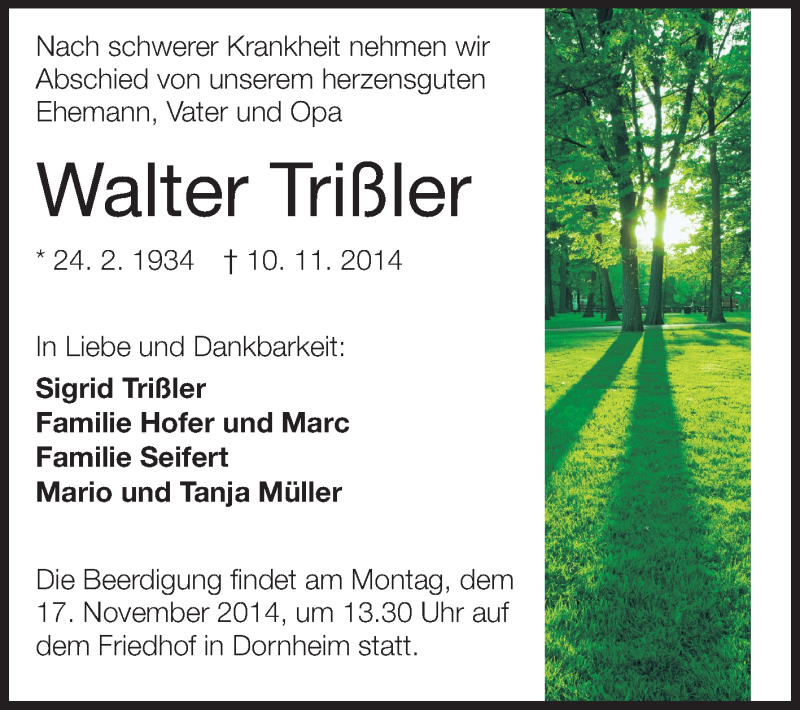  Traueranzeige für Walter Trißler vom 15.11.2014 aus Rüsselsheimer Echo, Groß-Gerauer-Echo, Ried Echo