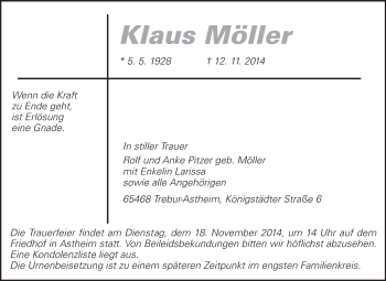 Traueranzeige von Klaus Möller von Rüsselsheimer Echo, Groß-Gerauer-Echo, Ried Echo