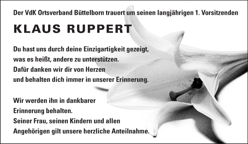  Traueranzeige für Klaus Ruppert vom 22.11.2014 aus Rüsselsheimer Echo, Groß-Gerauer-Echo, Ried Echo