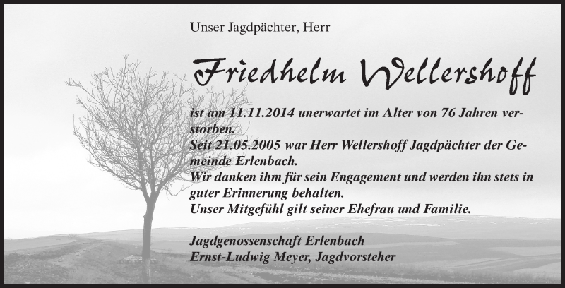 Traueranzeige für Friedhelm Wellershoff vom 19.11.2014 aus Odenwälder Echo