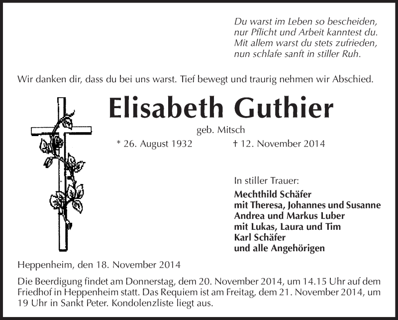  Traueranzeige für Elisabeth Guthier vom 18.11.2014 aus Starkenburger Echo