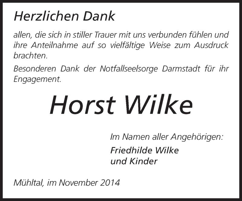  Traueranzeige für Horst Wilke vom 22.11.2014 aus Echo-Zeitungen (Gesamtausgabe)