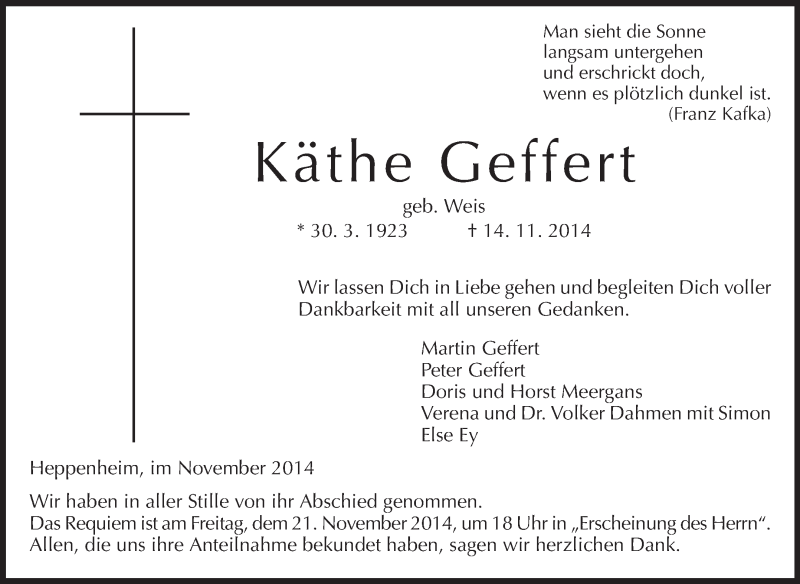  Traueranzeige für Käthe Geffert vom 20.11.2014 aus Starkenburger Echo