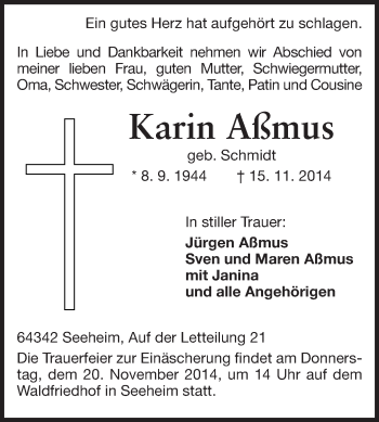 Traueranzeige von Karin Aßmus von Echo-Zeitungen (Gesamtausgabe)
