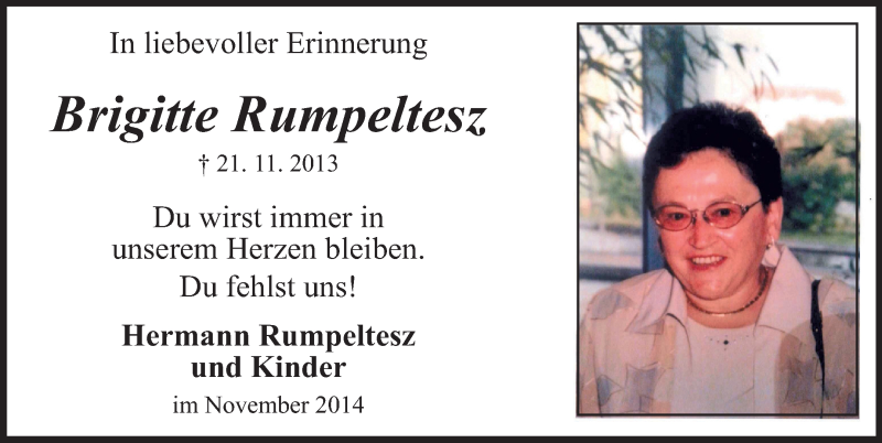  Traueranzeige für Brigitte Rumpeltesz vom 21.11.2014 aus Rüsselsheimer Echo, Groß-Gerauer-Echo, Ried Echo