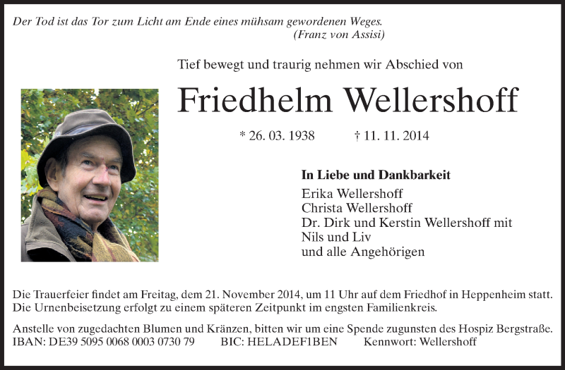  Traueranzeige für Friedhelm Wellershoff vom 18.11.2014 aus Starkenburger Echo