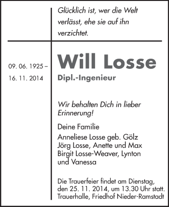 Traueranzeige von Will Losse von Echo-Zeitungen (Gesamtausgabe)