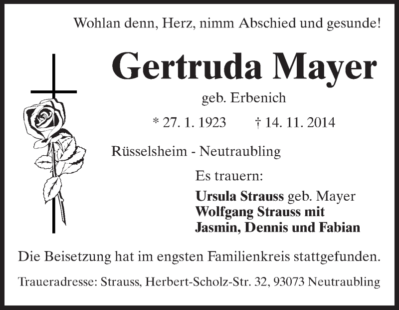  Traueranzeige für Gertruda Mayer vom 22.11.2014 aus Rüsselsheimer Echo, Groß-Gerauer-Echo, Ried Echo