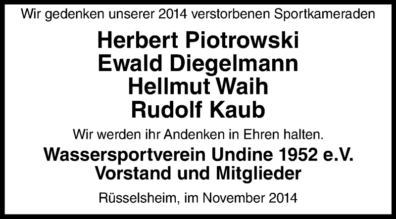  Traueranzeige für Wir gedenken unserer Sportkameraden Wassersportverein Undine vom 22.11.2014 aus Rüsselsheimer Echo, Groß-Gerauer-Echo, Ried Echo