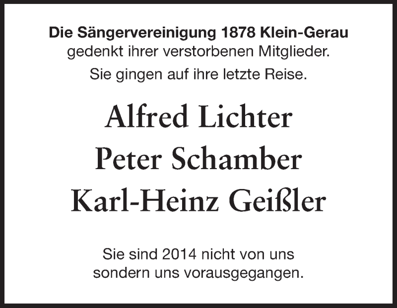  Traueranzeige für Gedenken an Mitglieder Sängervereinigung 1878 vom 22.11.2014 aus Rüsselsheimer Echo, Groß-Gerauer-Echo, Ried Echo
