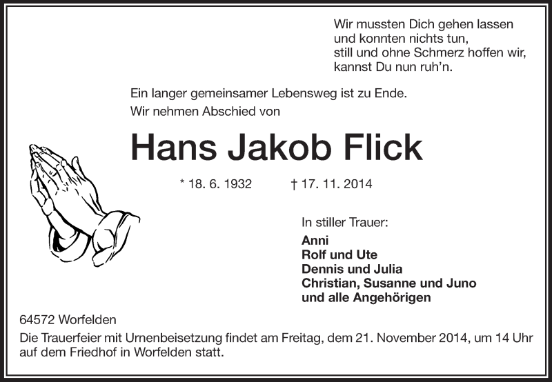  Traueranzeige für Hans Jakob Flick vom 20.11.2014 aus Rüsselsheimer Echo, Groß-Gerauer-Echo, Ried Echo