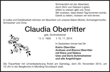 Traueranzeige von Claudia Oberritter von Echo-Zeitungen (Gesamtausgabe)