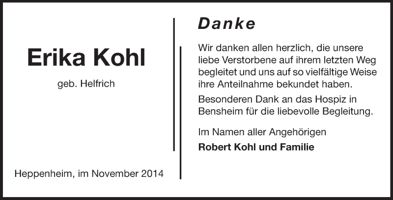  Traueranzeige für Erika Kohl vom 21.11.2014 aus Starkenburger Echo