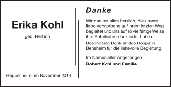 Traueranzeige von Erika Kohl von Starkenburger Echo