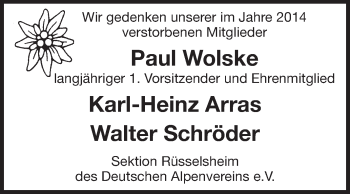 Traueranzeige von Gedenken an Mitglieder Deutscher Alpenverein von Rüsselsheimer Echo, Groß-Gerauer-Echo, Ried Echo