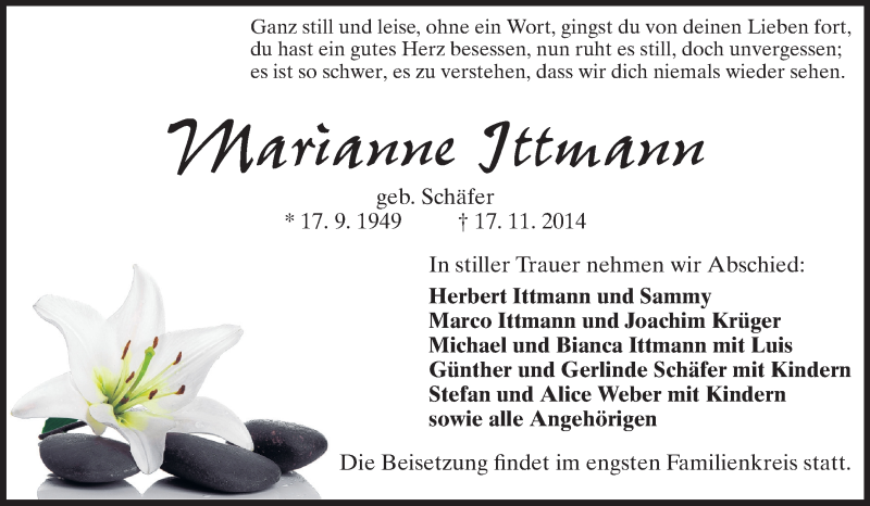  Traueranzeige für Marianne Ittmann vom 22.11.2014 aus Echo-Zeitungen (Gesamtausgabe)