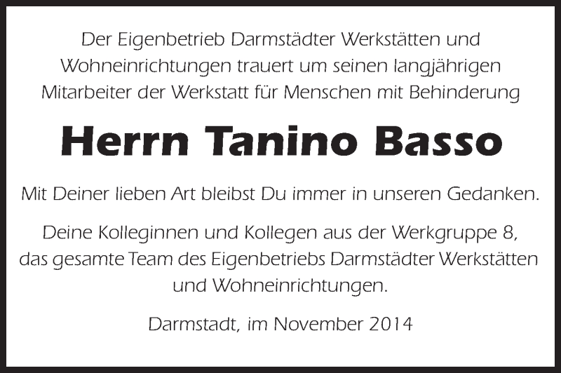  Traueranzeige für Tanino Bass vom 20.11.2014 aus Echo-Zeitungen (Gesamtausgabe)