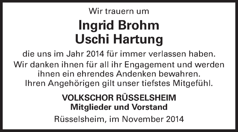  Traueranzeige für Gedenken an Mitglieder Volkschor vom 22.11.2014 aus Rüsselsheimer Echo, Groß-Gerauer-Echo, Ried Echo