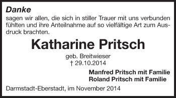 Traueranzeige von Katharine Pritsch von Echo-Zeitungen (Gesamtausgabe)