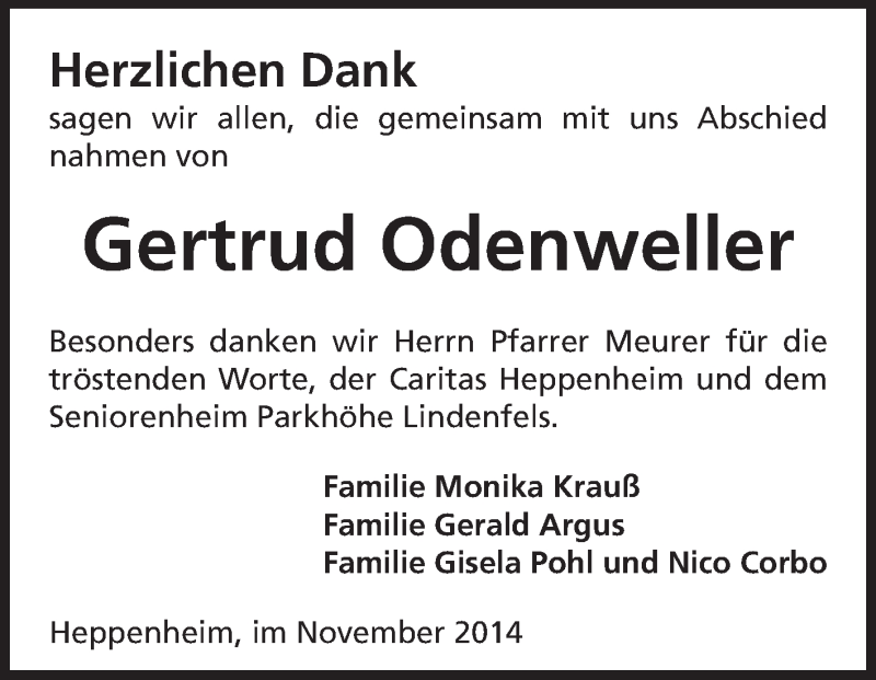  Traueranzeige für Gertrud Odenweller vom 22.11.2014 aus Starkenburger Echo