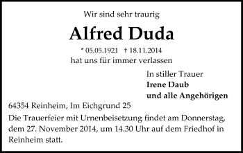 Traueranzeige von Alfred Duda von Echo-Zeitungen (Gesamtausgabe)