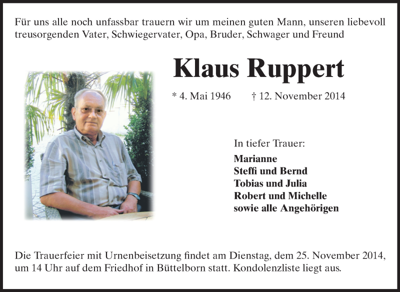  Traueranzeige für Klaus Ruppert vom 22.11.2014 aus Rüsselsheimer Echo, Groß-Gerauer-Echo, Ried Echo