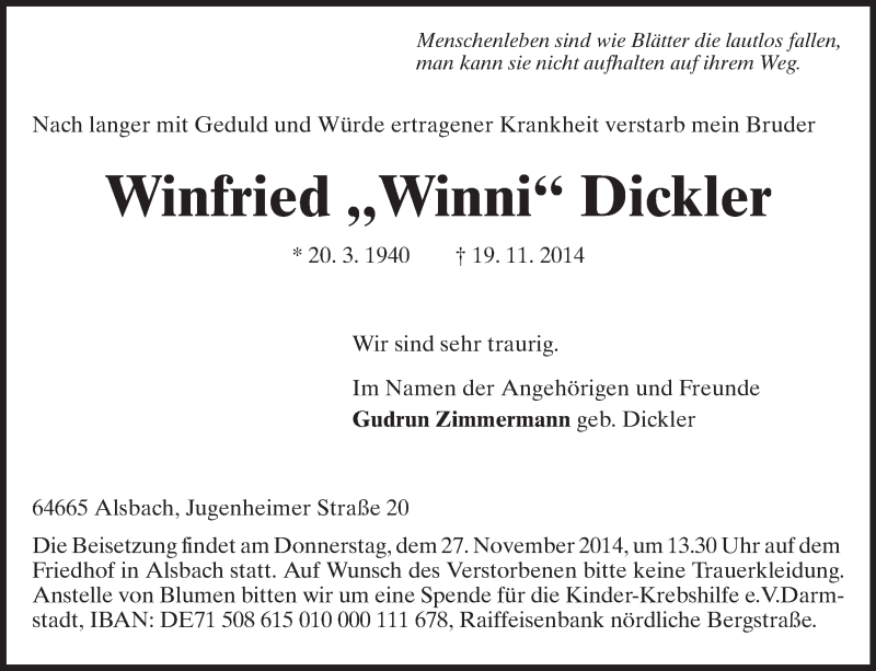  Traueranzeige für Winfried Dickler vom 22.11.2014 aus Echo-Zeitungen (Gesamtausgabe)