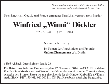Traueranzeige von Winfried Dickler von Echo-Zeitungen (Gesamtausgabe)