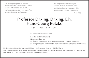 Traueranzeige von Hans-Georg Retzko von Echo-Zeitungen (Gesamtausgabe)