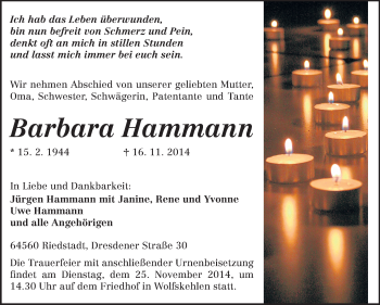 Traueranzeige von Barbara Hammann von Rüsselsheimer Echo, Groß-Gerauer-Echo, Ried Echo