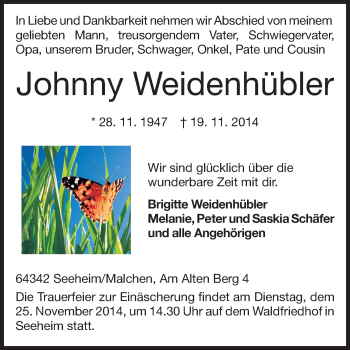 Traueranzeige von Johnny Weidenhübler von Echo-Zeitungen (Gesamtausgabe)