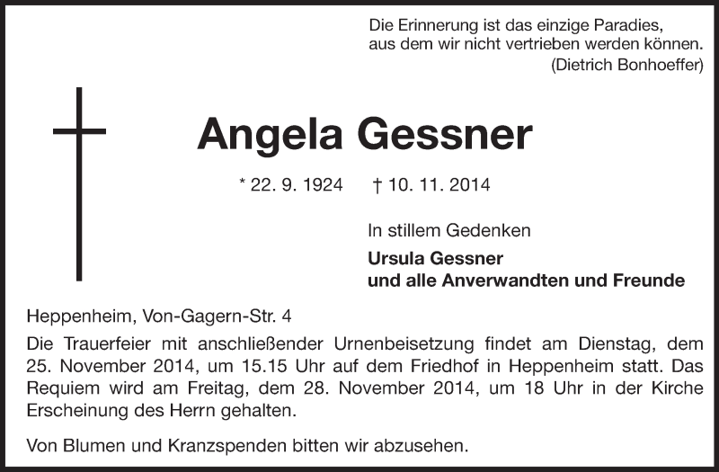  Traueranzeige für Angela Gessner vom 21.11.2014 aus Starkenburger Echo