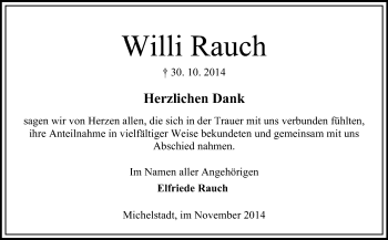 Traueranzeige von Willi Rauch von Odenwälder Echo