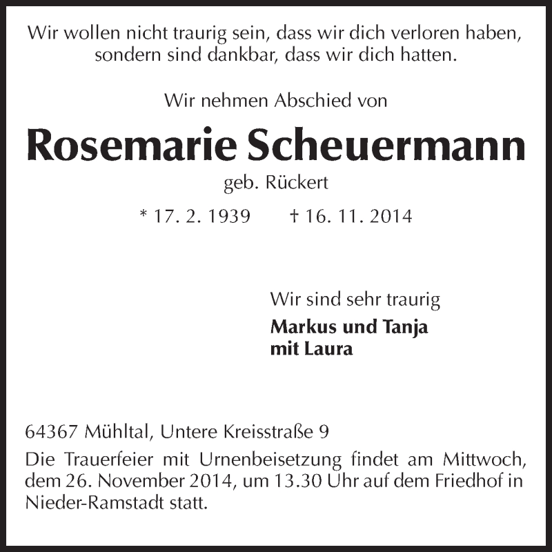  Traueranzeige für Rosemarie Scheuermann vom 22.11.2014 aus Echo-Zeitungen (Gesamtausgabe)