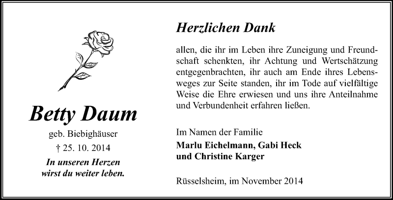  Traueranzeige für Betty Daum vom 22.11.2014 aus Rüsselsheimer Echo, Groß-Gerauer-Echo, Ried Echo