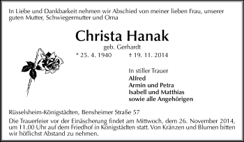 Traueranzeige von Christa Hanak von Rüsselsheimer Echo, Groß-Gerauer-Echo, Ried Echo