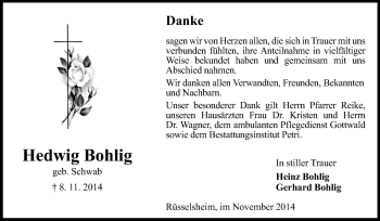 Traueranzeige von Hedwig Bohlig von Rüsselsheimer Echo, Groß-Gerauer-Echo, Ried Echo