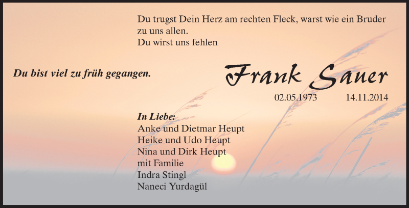  Traueranzeige für Frank Sauer vom 22.11.2014 aus Rüsselsheimer Echo, Groß-Gerauer-Echo, Ried Echo