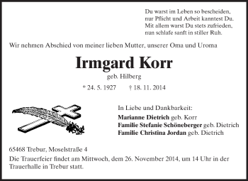 Traueranzeige von Irmgard Korr von Rüsselsheimer Echo, Groß-Gerauer-Echo, Ried Echo