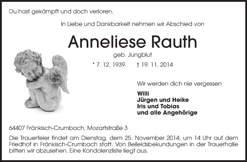  Traueranzeige für Anneliese Rauth vom 24.11.2014 aus Odenwälder Echo