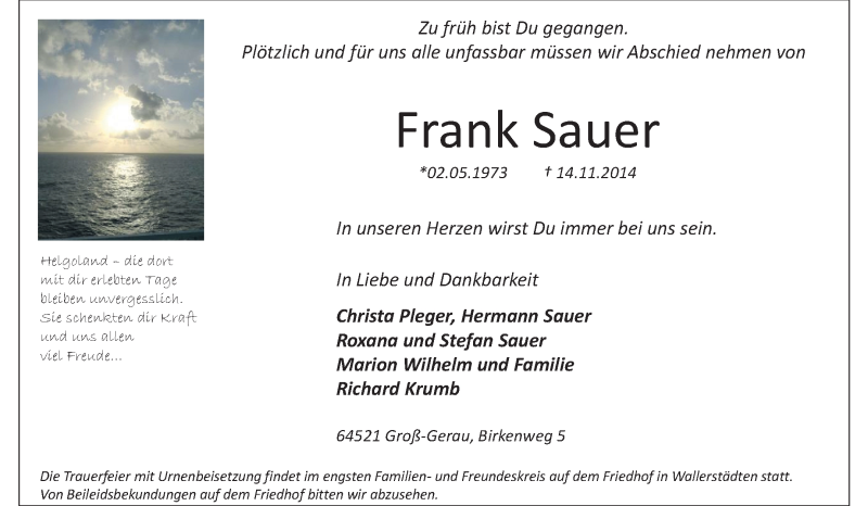  Traueranzeige für Frank Sauer vom 22.11.2014 aus Rüsselsheimer Echo, Groß-Gerauer-Echo, Ried Echo