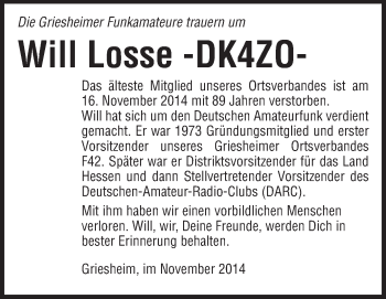 Traueranzeige von Will Losse von Echo-Zeitungen (Gesamtausgabe)